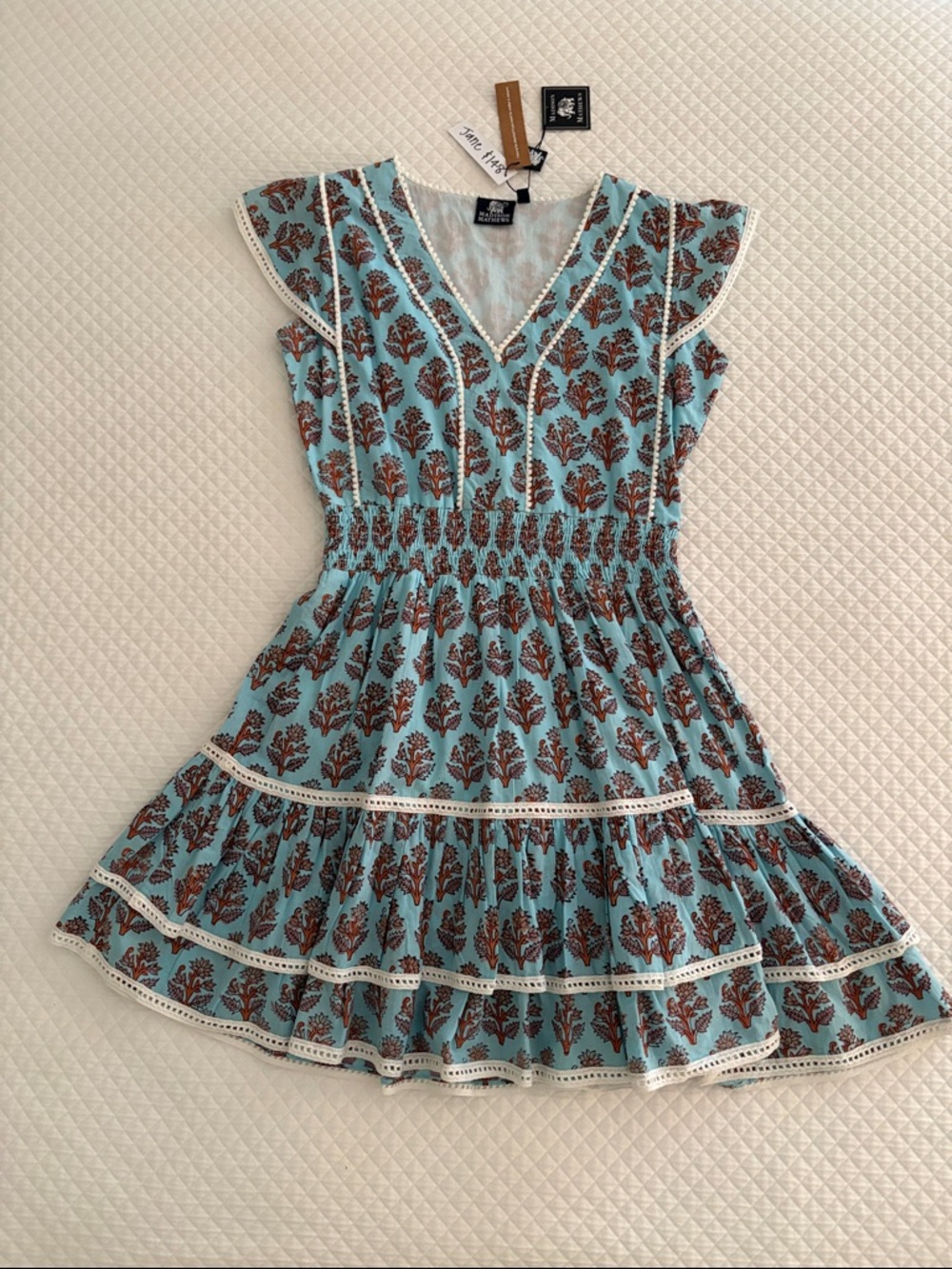 Madison Mathews Jane Dress Seafoam Blue Floral Mini Dress with Smocked Waist